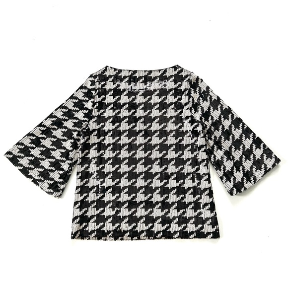 Chico’s Classy Black & White Sequin Houndstooth Flare 3/4 Sleeve Blouse Top - Picture 7 of 10